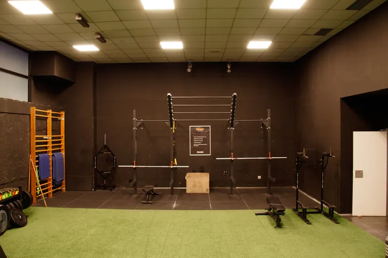 Box de entrenamiento funcional con rig, barras olímpicas y césped artificial